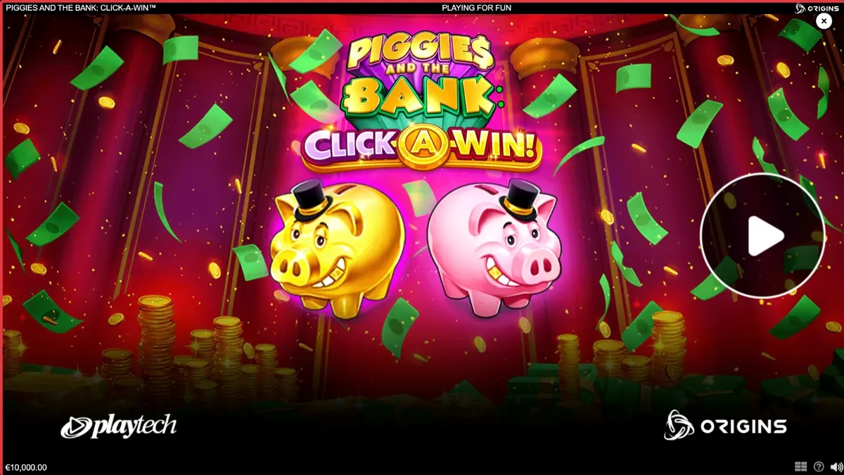 Tampilan antarmuka gim Piggies and the Bank: Click-A-Win di layar ponsel
