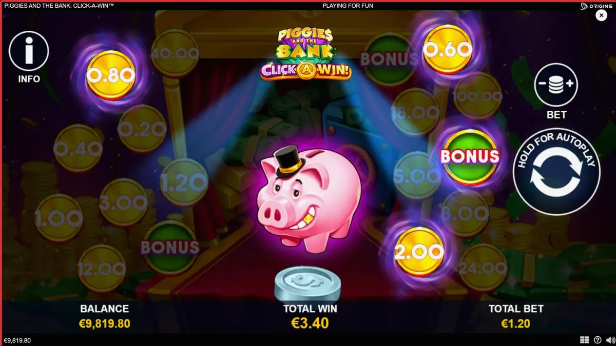 Tampilan layar permainan slot Piggies and the Bank: Click-A-Win dengan babi celengan ber topi tinggi dan koin emas